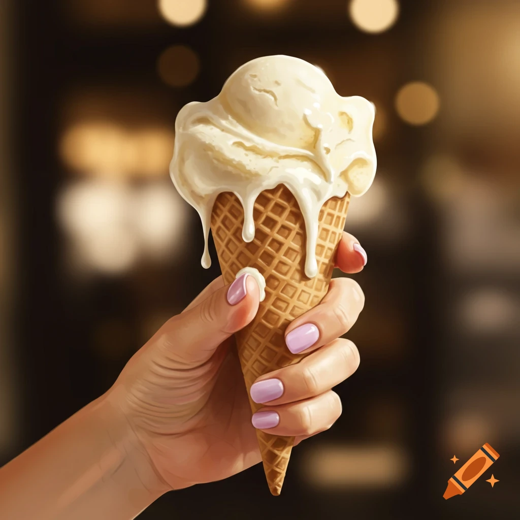 A photorealistic image of a female hand holding a melting vanilla ice cream cone with light purple nails, against a blurred warm background.