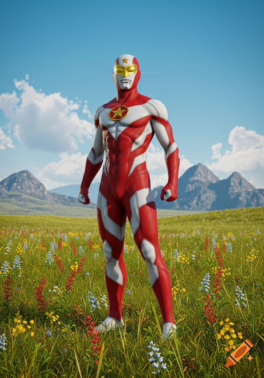 A photorealistic superhero in a red and white suit with gold stars stands in a field of wildflowers with mountains.
