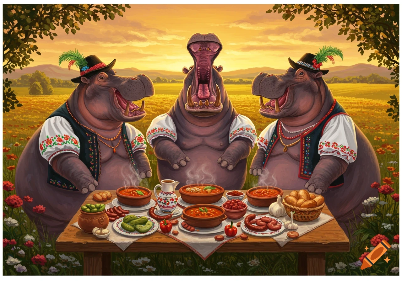 Three anthropomorphic hippos in traditional Hungarian folk attire feast at a table laden with food in a sunny field, cartoon style.