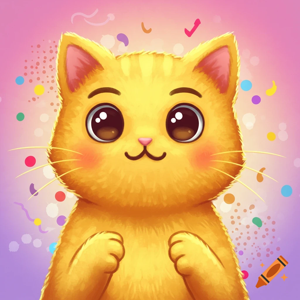 A cute, fluffy orange cartoon cat with big eyes and rosy cheeks smiles, surrounded by colorful confetti on a pink and purple gradient background.