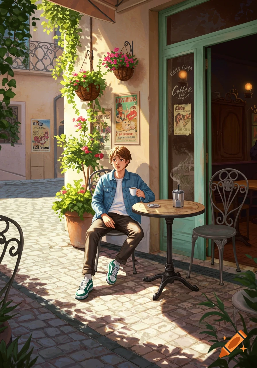 A young man in a denim jacket sips coffee at an outdoor cafe table, surrounded by potted plants and sunlit cobblestones in an anime style.