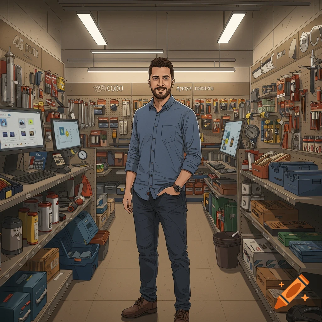 Smiling man in a blue shirt and jeans standing in an illustrative hardware store with shelves full of tools and equipment.