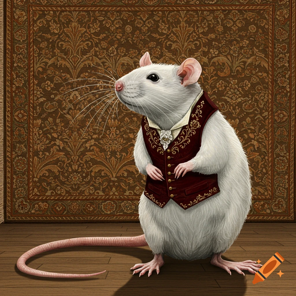 A white rat wearing an elegant burgundy waistcoat with gold embroidery and a white cravat stands on a wooden floor in front of a patterned brown rug.