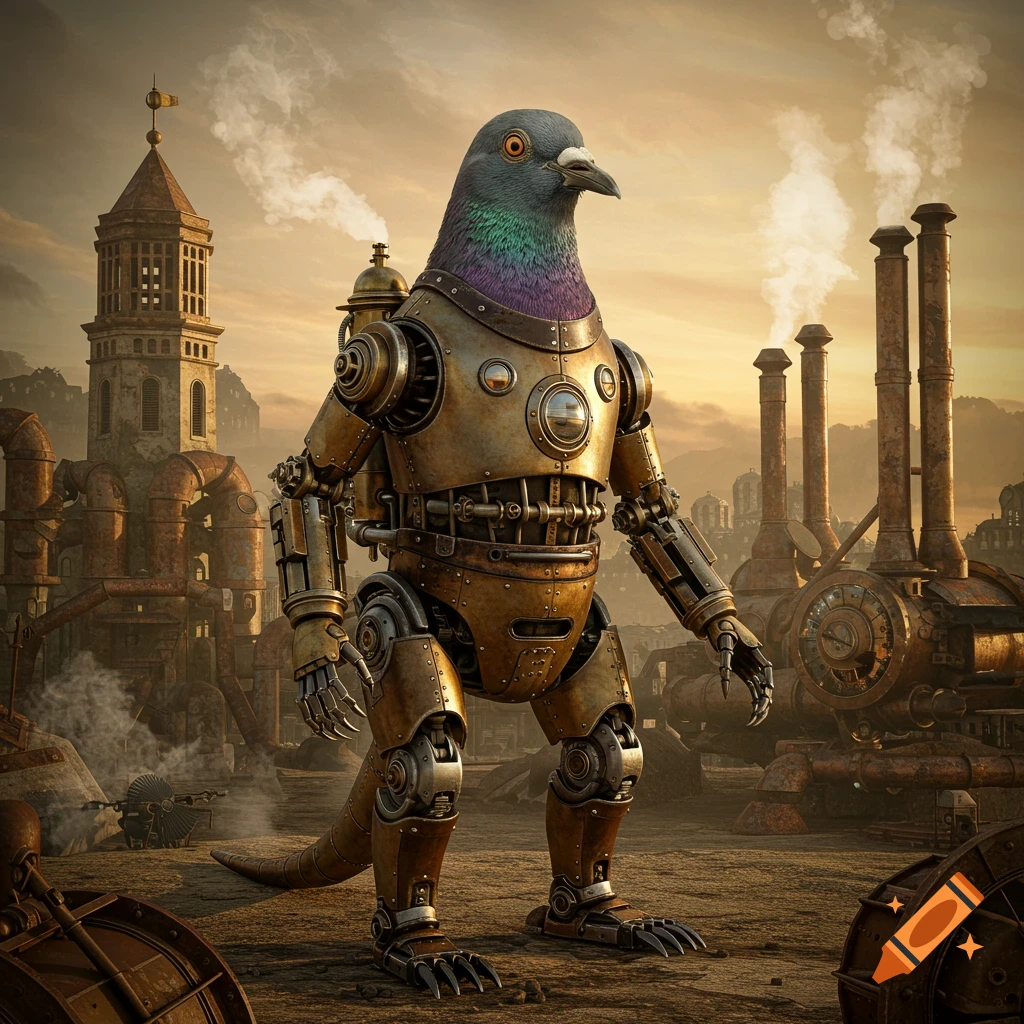 A detailed steampunk robot with a pigeon head, metallic body, and clawed hands stands in a desolate industrial landscape at sunset.