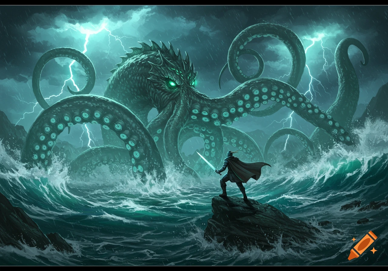 A knight stands on a rock, facing a massive kraken with glowing eyes in a stormy, lightning-filled sea, fantasy art.