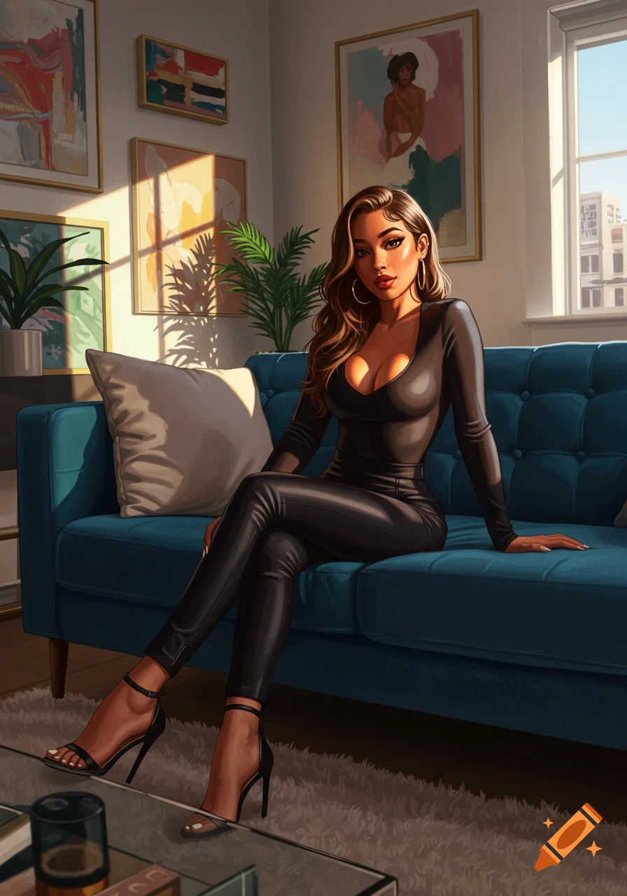 Illustrative portrait of a woman in a black tight outfit and heels sitting on a teal couch in a sunlit living room.
