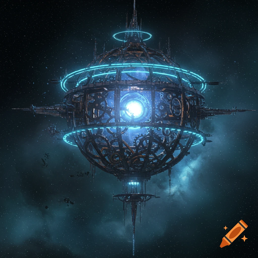 Ornate spherical steampunk space station with glowing blue rings and a central light, against a starry nebula background.