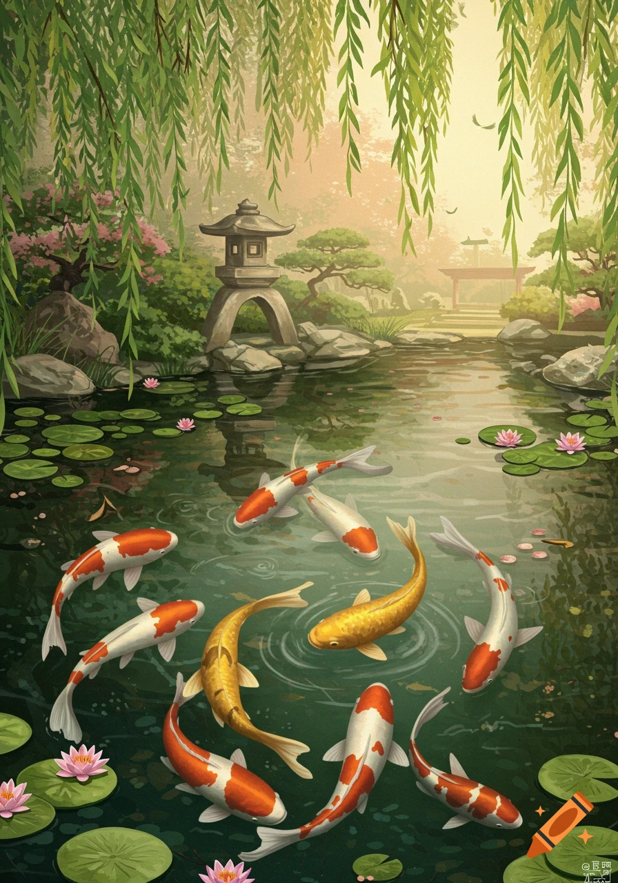 An illustration of a serene Japanese garden pond with swimming koi fish, lotus flowers, a stone lantern, and weeping willow branches.