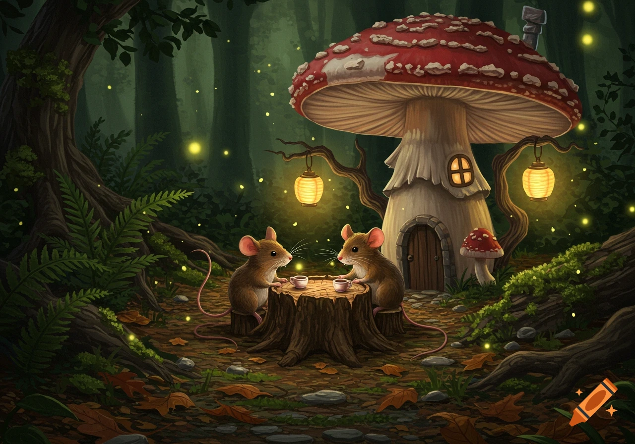 Whimsical illustration of two mice having tea at a tree stump table in a magical forest with fireflies and a mushroom house.
