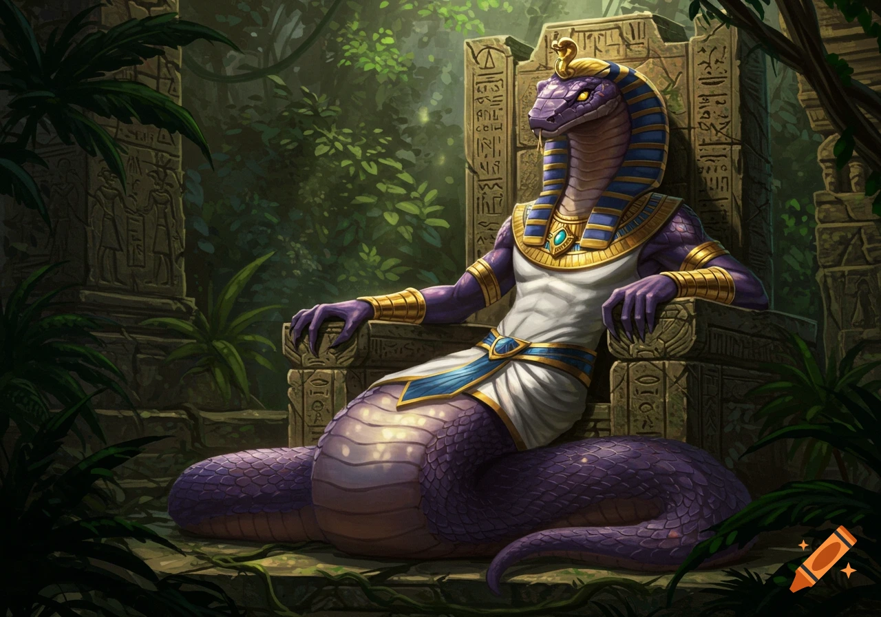A purple snake-man in ancient Egyptian pharaoh attire with gold jewelry sits on a stone throne in a ruined jungle temple.
