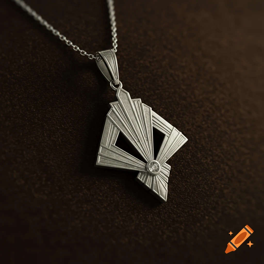 Silver Art Deco pendant with geometric patterns and a small diamond, on a silver chain, resting on a dark brown surface.