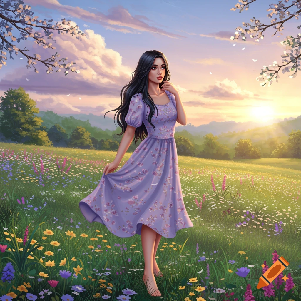 Digital painting of a woman in a purple floral dress standing barefoot in a vibrant flower meadow at sunset.