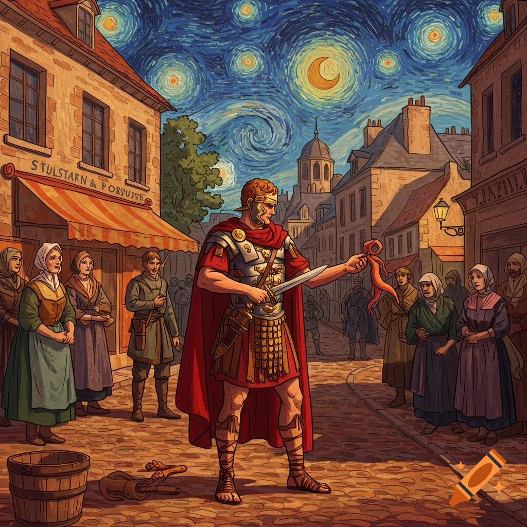 A Roman officer in armor and red cape stands in a stylized European town, holding a sword and a piece of cloth, as townspeople watch under a swirling, starry night sky in the style of Van Gogh.