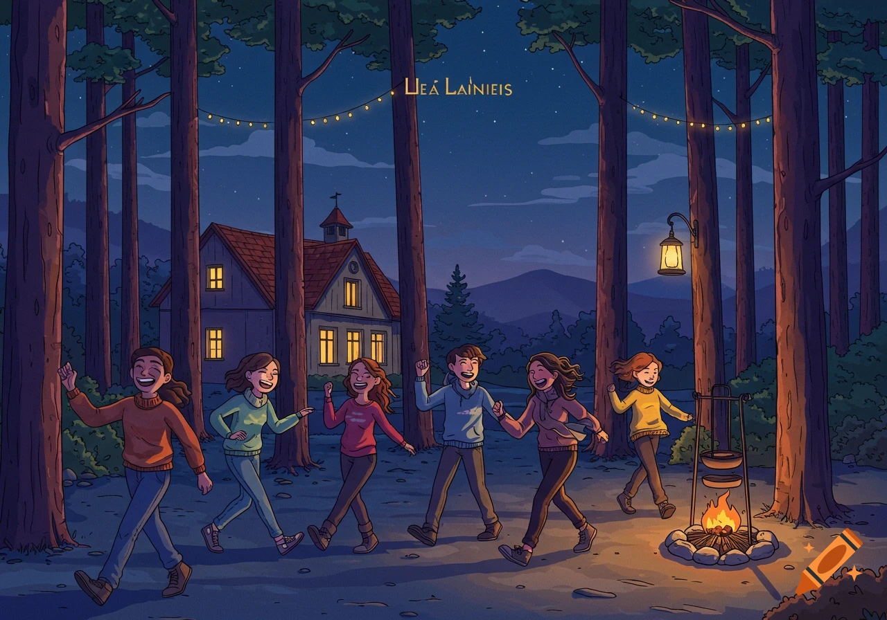 Six happy young people walk in a dark forest at night, illuminated by string lights and a campfire, with a house in the background. Modern cartoon style.