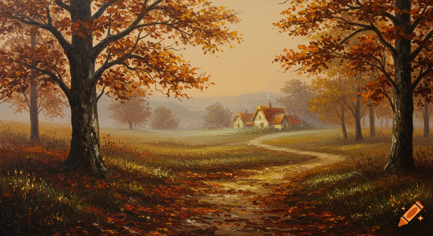 An oil painting of an autumn landscape with two large trees framing a winding path leading to quaint houses in the distance.