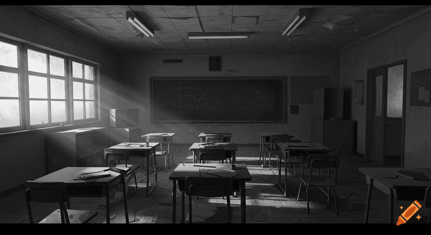 Monochrome image of an empty, abandoned classroom with rows of desks, a blackboard, and sunbeams through dusty windows.