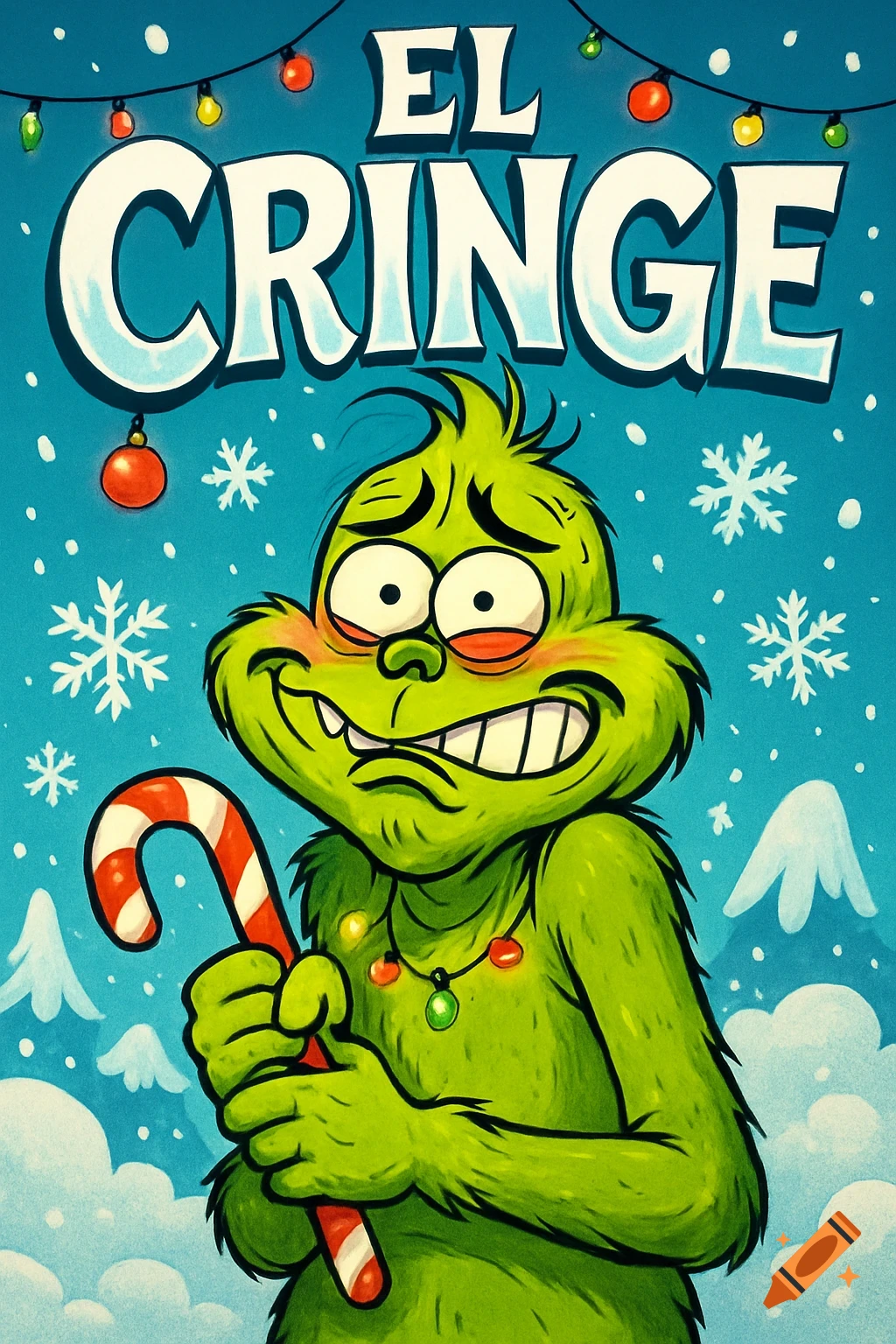 Cartoon illustration of a green, Grinch-like character holding a candy cane in a snowy Christmas scene, with 'EL CRINGE' title.