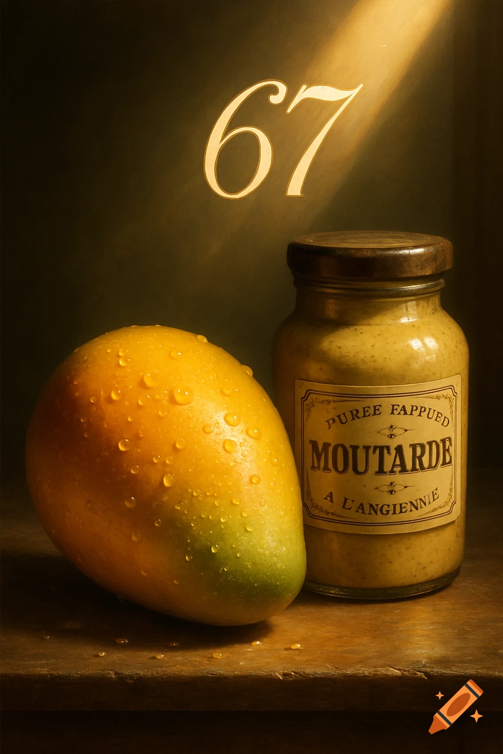 A photorealistic still life featuring a wet mango next to a jar of mustard with the number 67 illuminated above them.