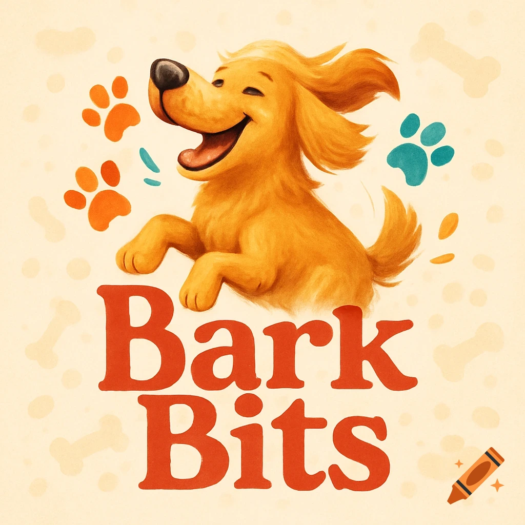 A happy, jumping cartoon golden retriever dog with orange and blue paw prints, above the red text 'Bark Bits'.