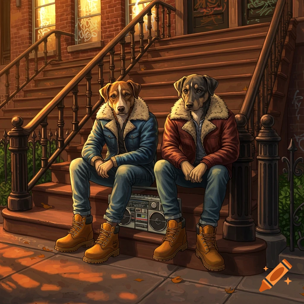 Two stylish anthropomorphic dogs in fur-lined jackets, jeans, and work boots sit on a Brooklyn stoop with a boombox.