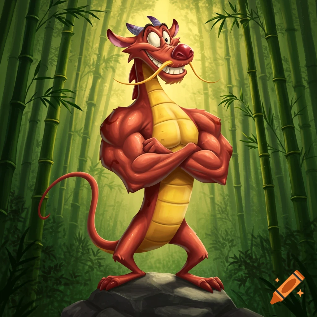 Cartoon Mushu dragon with muscular arms crossed, smiling confidently, standing on a rock in a bamboo forest.