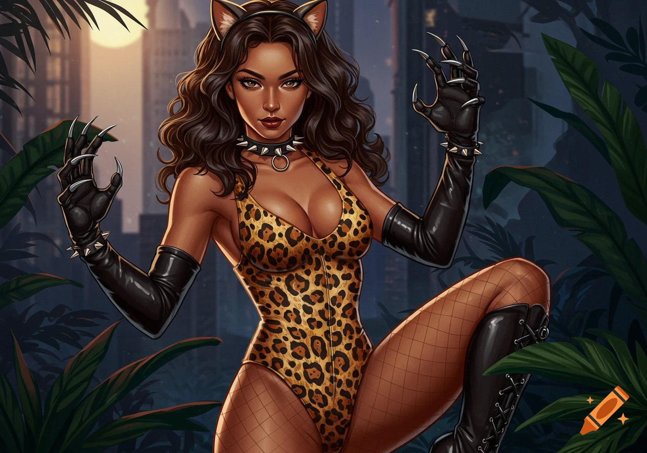A stylized woman with dark hair in a leopard print bodysuit, fishnets, long black gloves with claws, and cat ears against a city skyline.