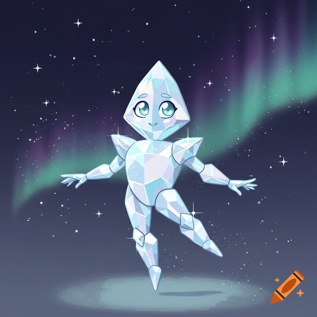 A cute, sparkling cartoon diamond character stands smiling under a starry night sky with a vibrant aurora.