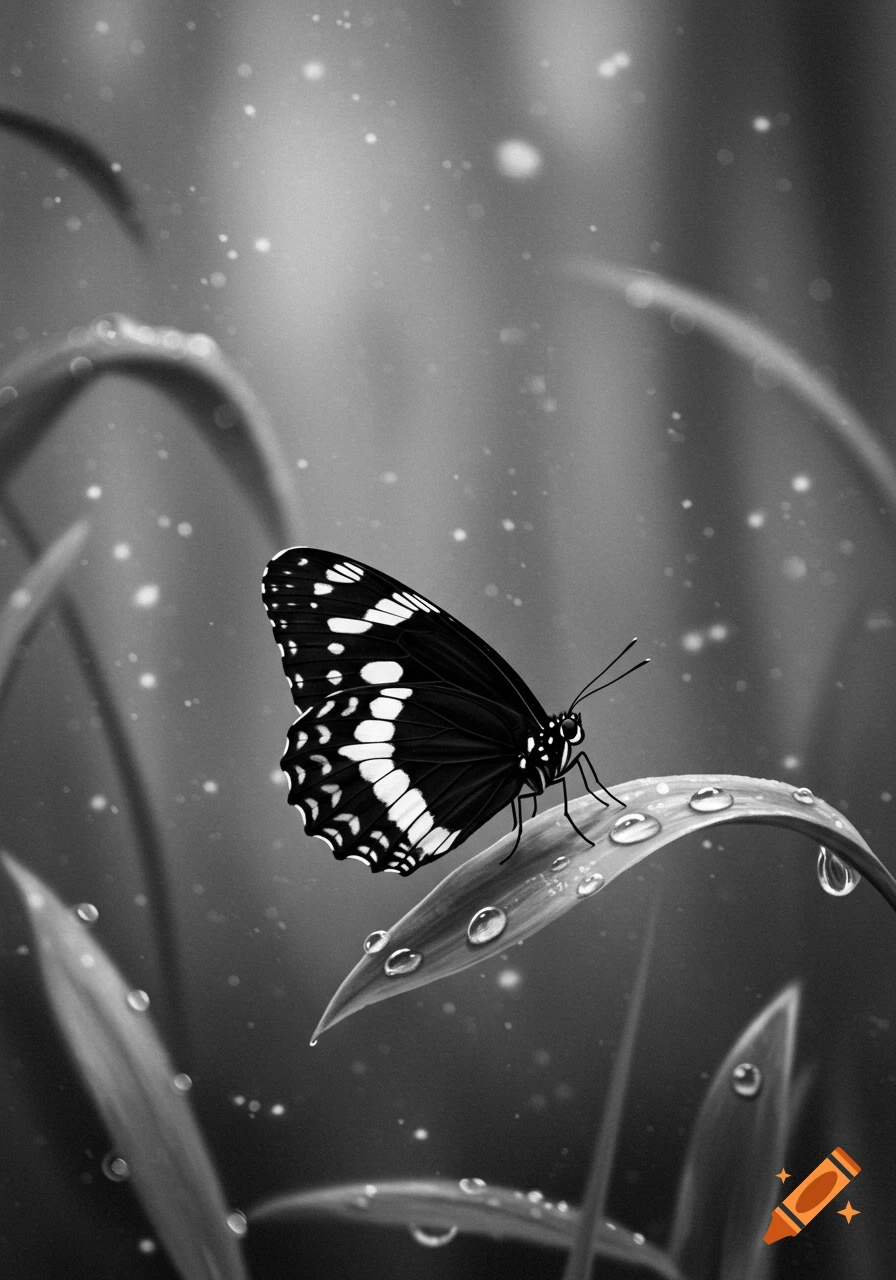 A black and white butterfly with patterned wings rests on a dewy leaf, captured in close-up.