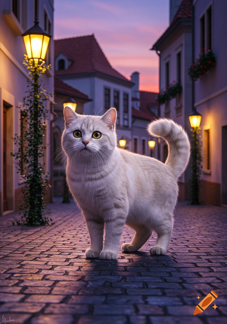 A fluffy white cat stands on a cobblestone street lined with buildings and glowing streetlights at dusk.