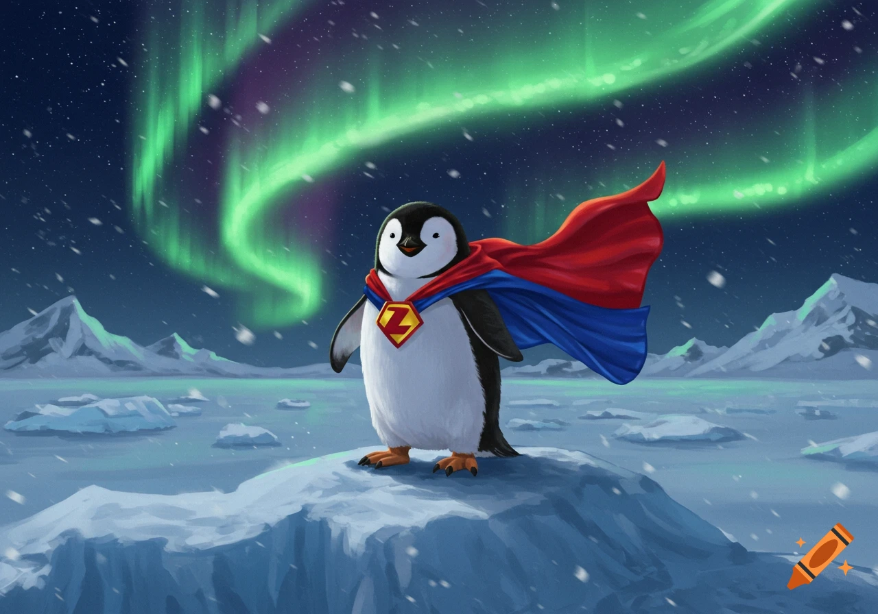 A cute penguin in a red and blue superhero cape with a 'Z' emblem stands on ice under green aurora borealis. Stylized illustration.
