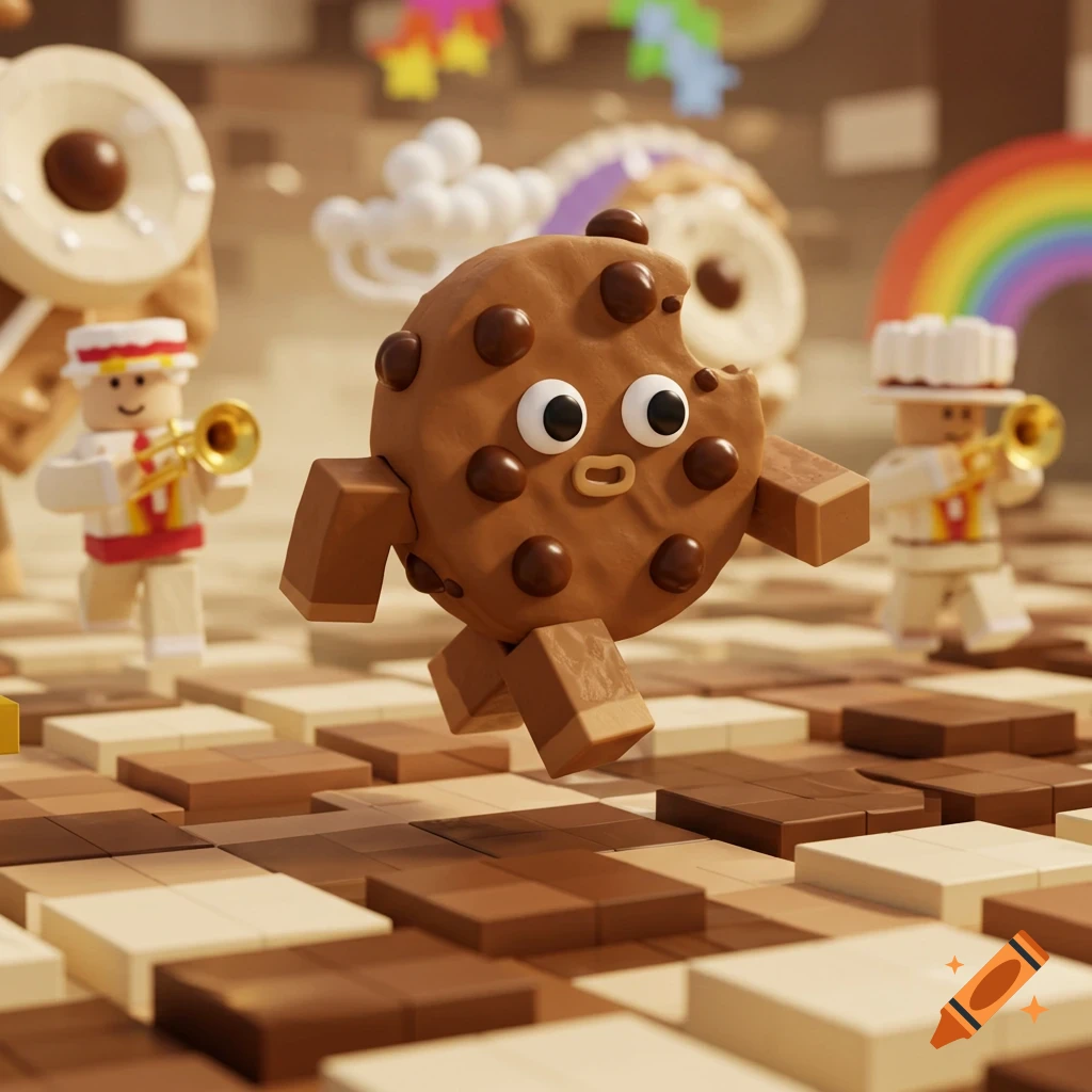 A blocky 3D rendered chocolate chip cookie character with a bite taken out, running on a checkered surface with toy band members and a rainbow.