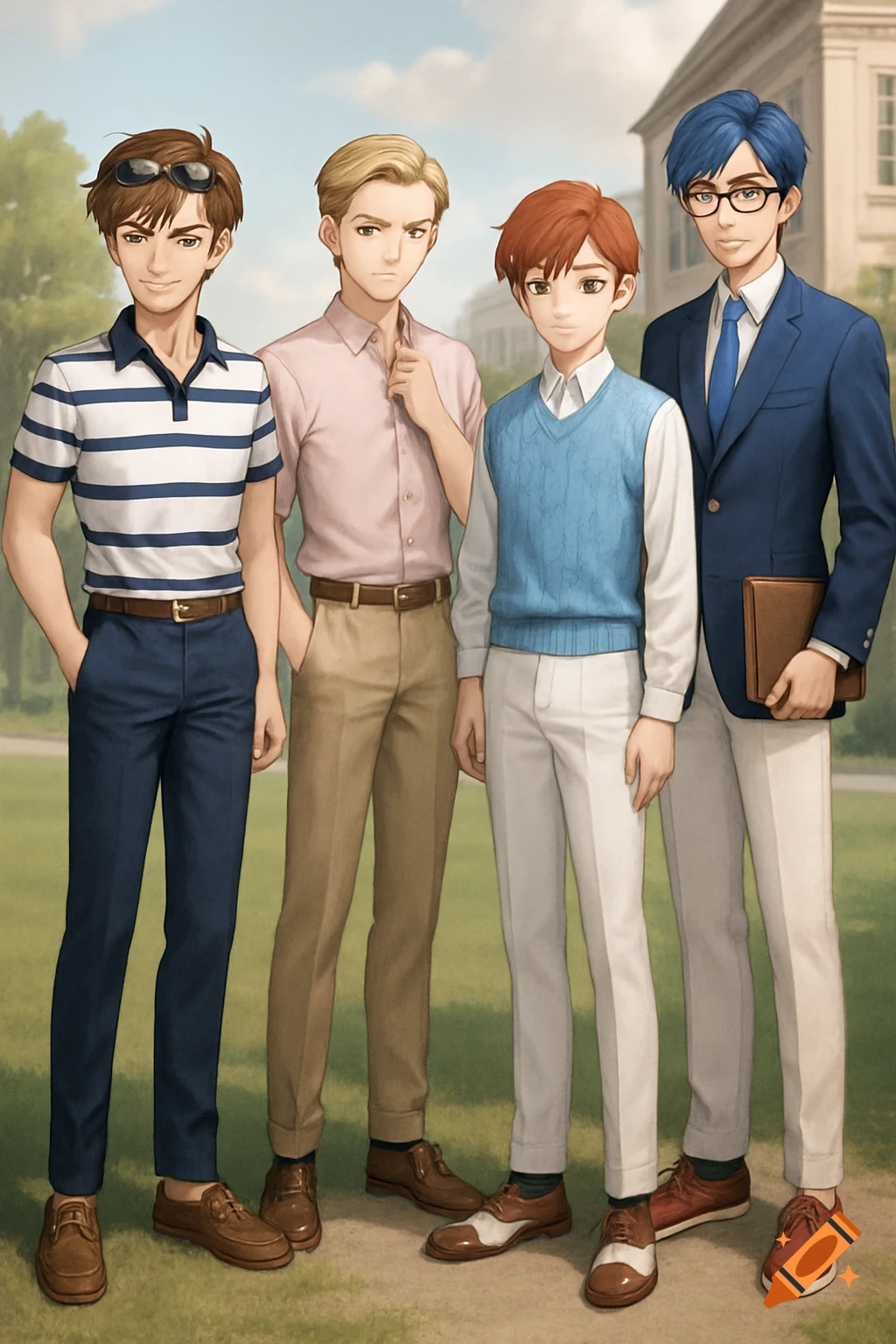 Four anime-style young men in preppy attire stand outdoors in front of a school building.