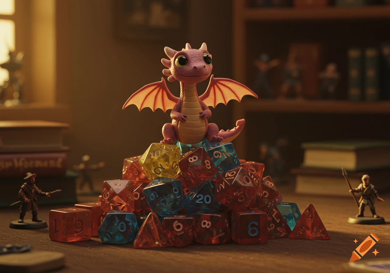 A cute pink dragon sits atop a pile of colorful translucent RPG dice on a wooden table, with miniature figures and books in the background.