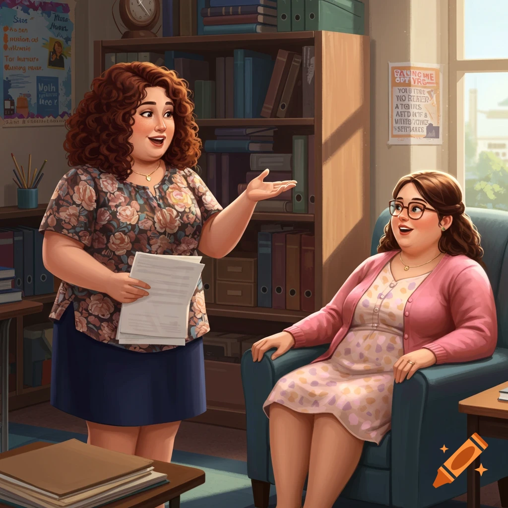 Two smiling, plus-size female teachers in an office; one stands gesturing, the other sits in an armchair.