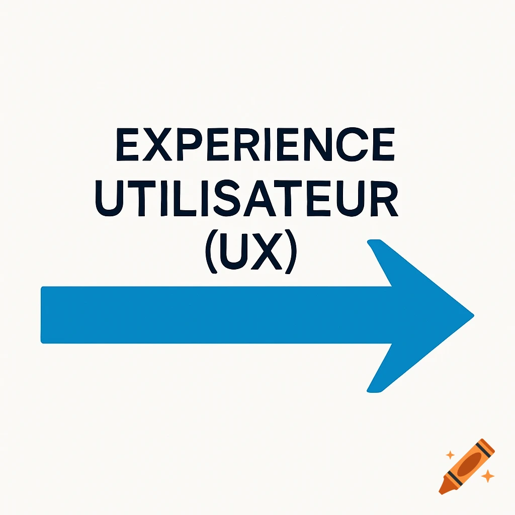 Blue arrow pointing right with the text 'EXPERIENCE UTILISATEUR (UX)' on a white background.