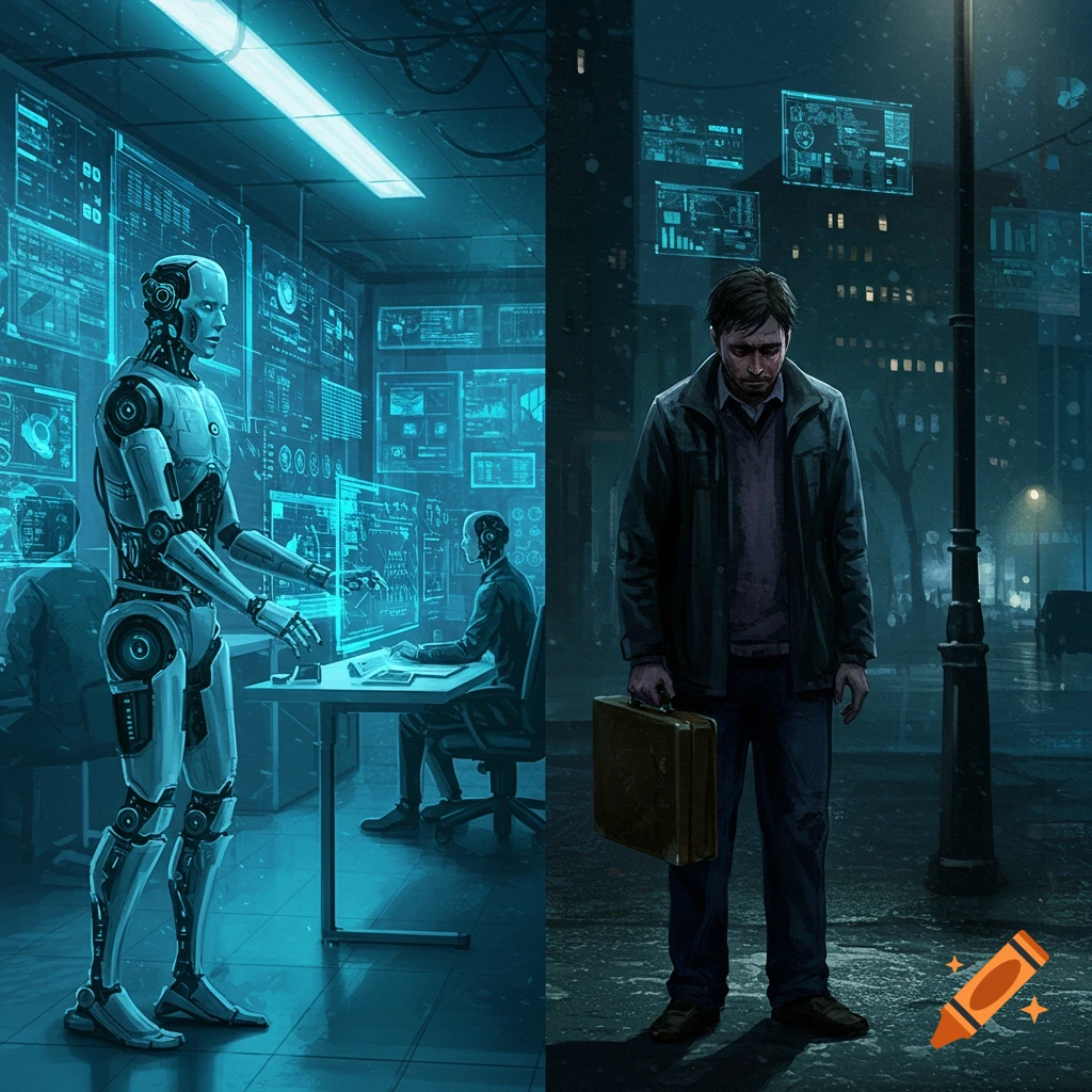 A dystopian split image: on the left, a sleek robot works in a neon-blue control room with screens; on the right, a somber man holds a briefcase on a rainy street at night.
