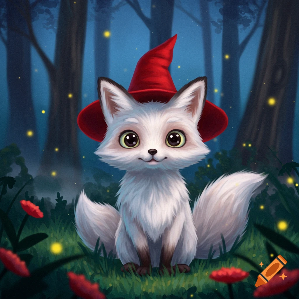 A cute white fox with a red witch hat sits in a dark, whimsical forest illuminated by glowing fireflies.