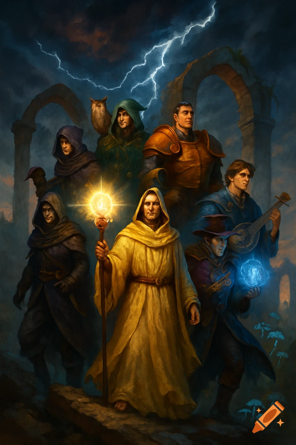 A group of fantasy adventure characters including a yellow-robed priest with a glowing staff, a green-hooded druid with an owl, an armored fighter, and a bard with a lute, stand under stormy skies with lightning and ancient ruins in a detailed digital painting style.