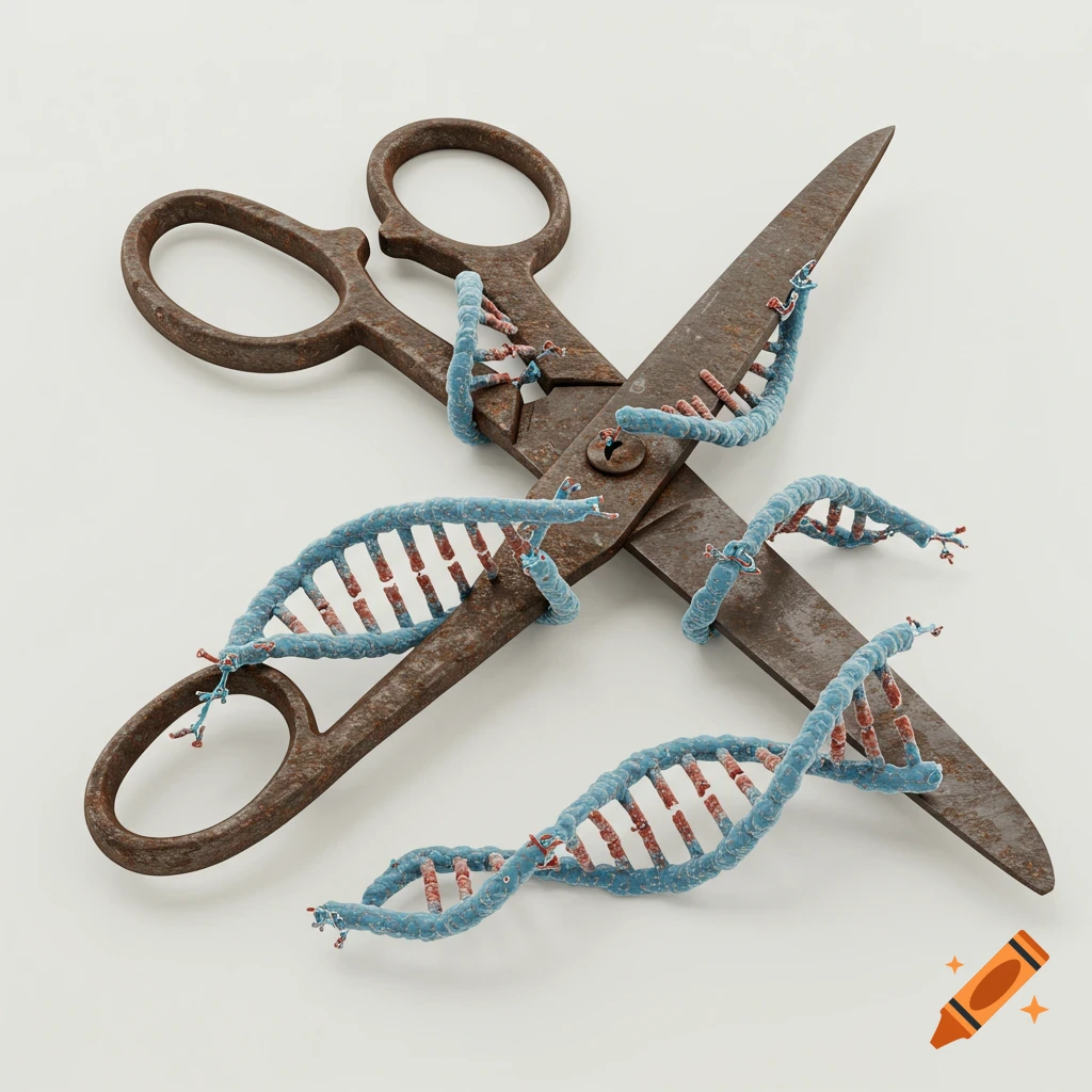 Photorealistic image of rusty scissors entangled with and cutting fragmented blue and red DNA strands on a white background.