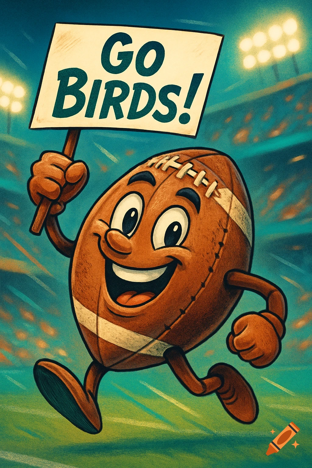 A cheerful cartoon football character running on a field in a stadium, holding a sign that reads 'GO BIRDS!'