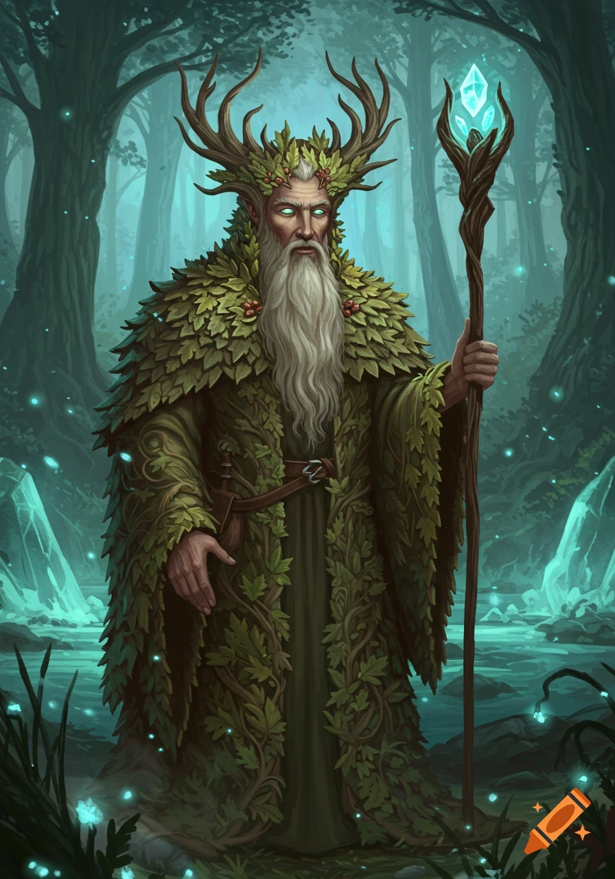 A wise elderly druid with antlers, a leaf cloak, and glowing eyes stands in a magical forest, holding a crystal staff.
