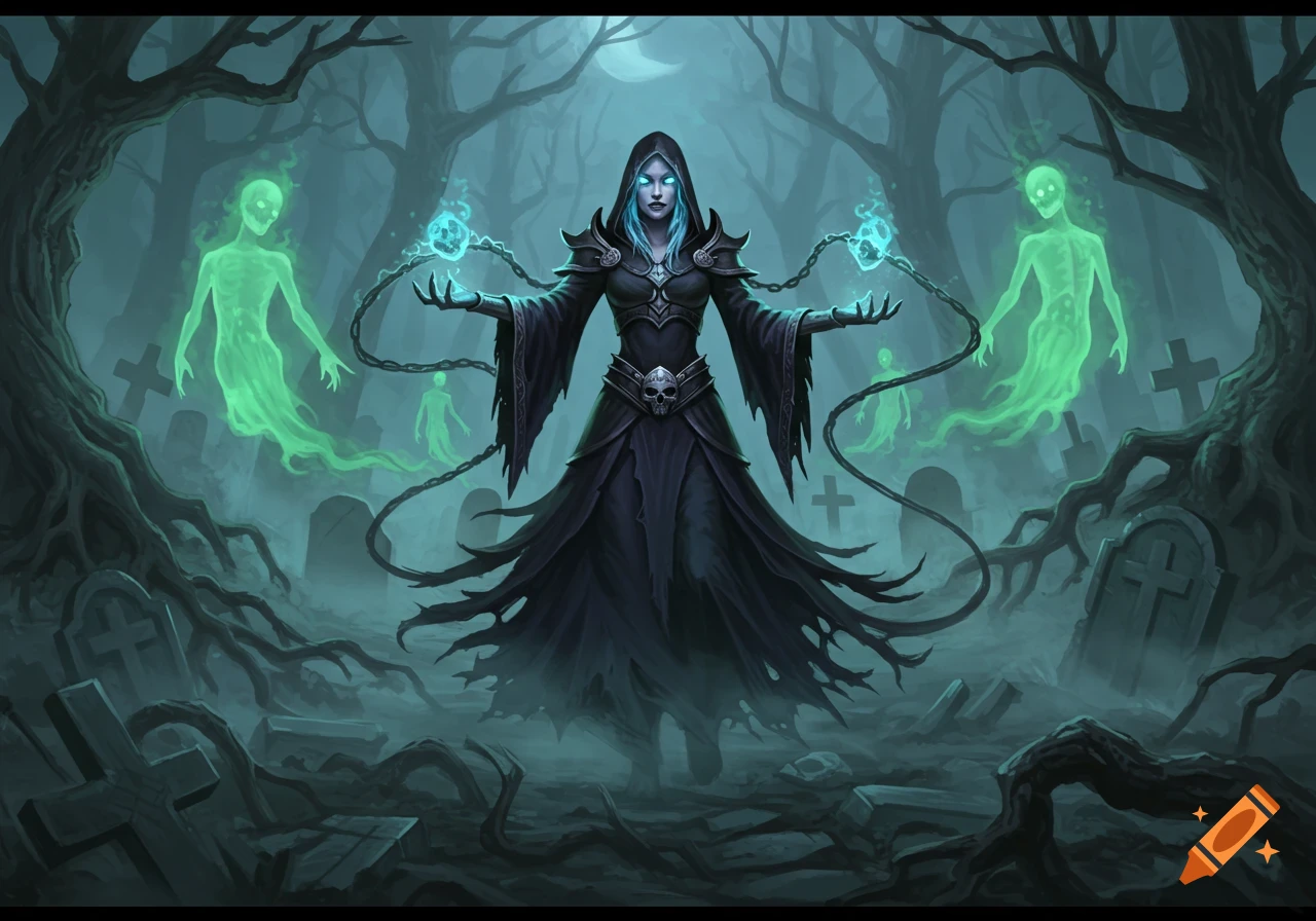 A powerful necromancer in a dark hooded robe stands in a misty graveyard, conjuring glowing green ghosts with magical blue orbs.