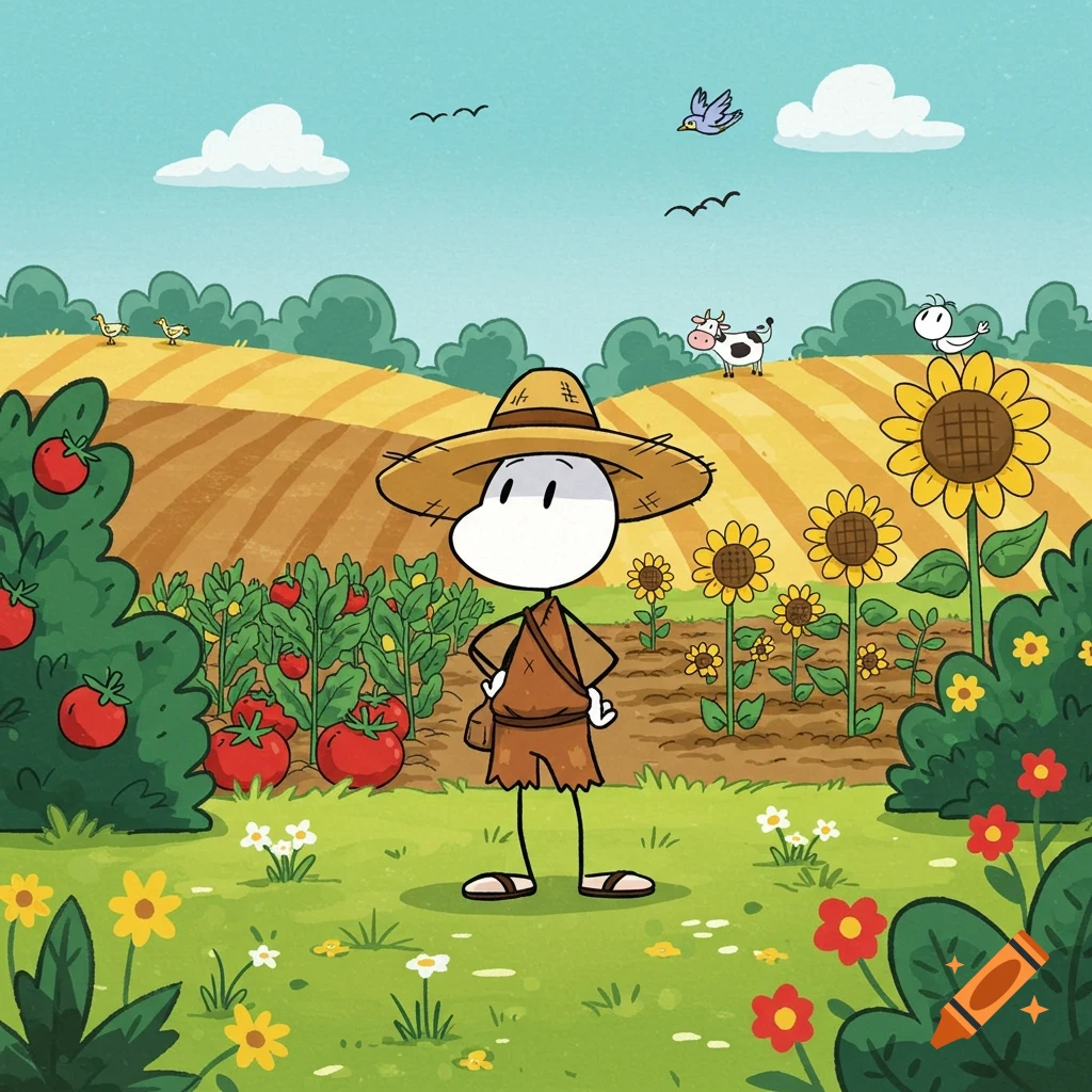 A cartoon farmer in Henry Stickman style stands in a sunny field surrounded by sunflowers, tomato plants, and other crops.