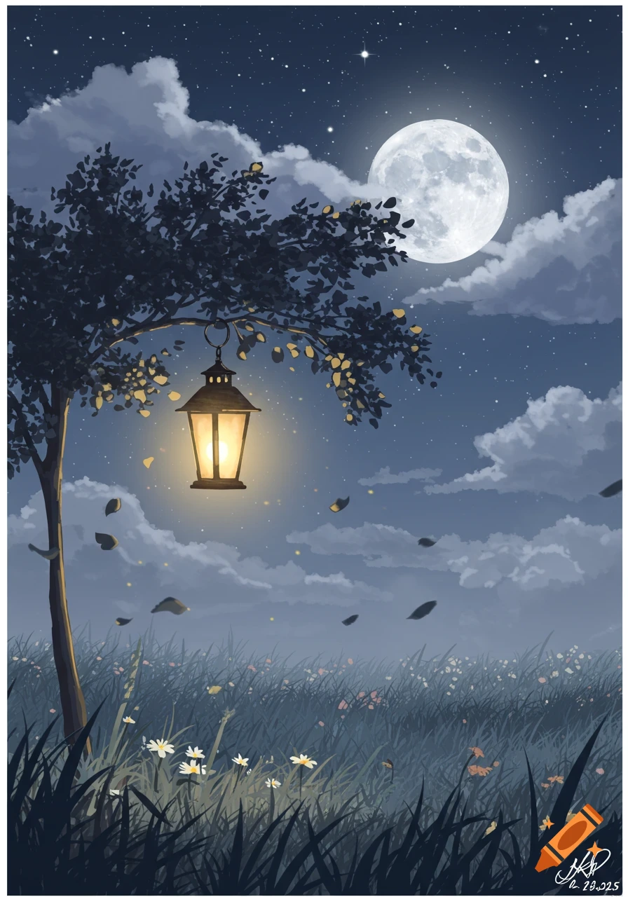 Illustrated night scene with a full moon, stars, a tree with a glowing lantern, and a grassy field with wildflowers.