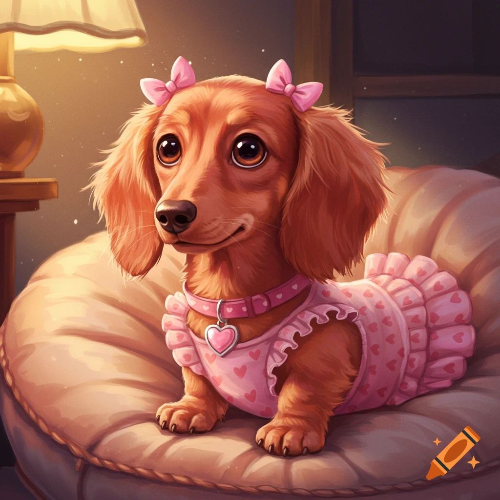 Cute salmon dachshund puppy in pink bows and heart-patterned dress, sitting on a cushion near a lamp. Illustration.