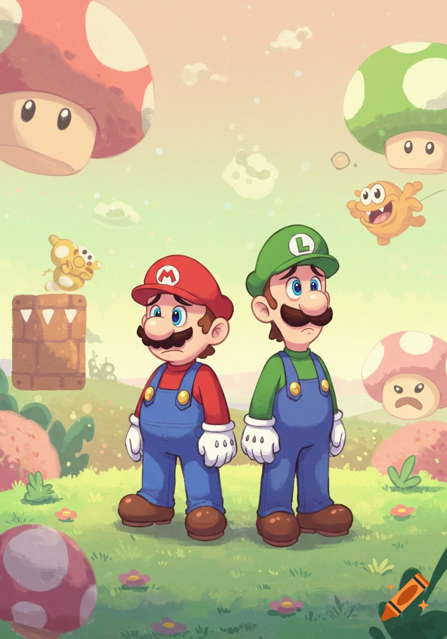 Mario and Luigi stand side-by-side with sad expressions in a whimsical grassy field with mushrooms and creatures.