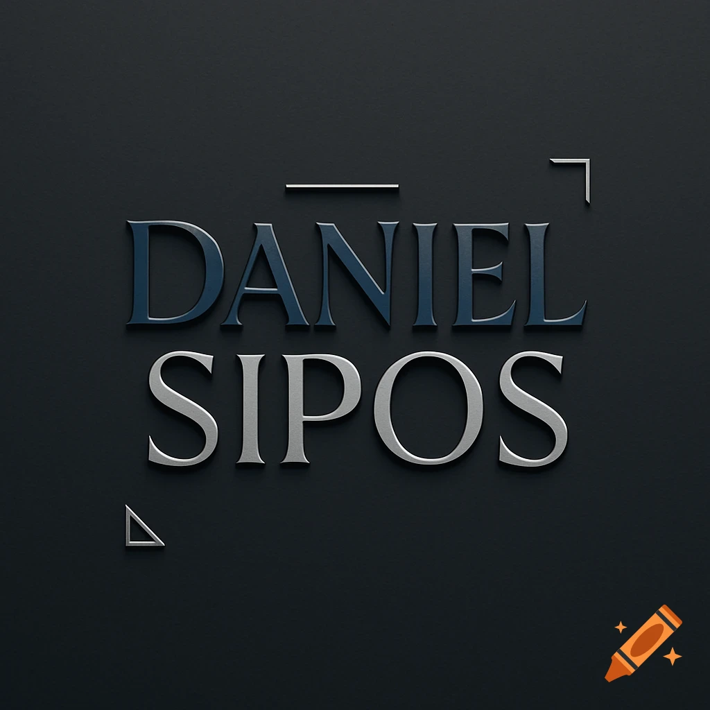 Modern logo with the name Daniel in dark blue embossed text above Sipos in silver embossed text, on a dark gray background.