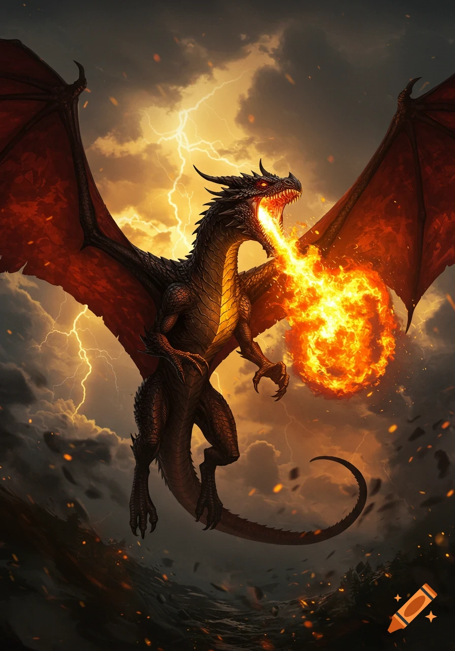 A powerful black dragon with large red wings breathes a huge fireball under a stormy sky with bright lightning.