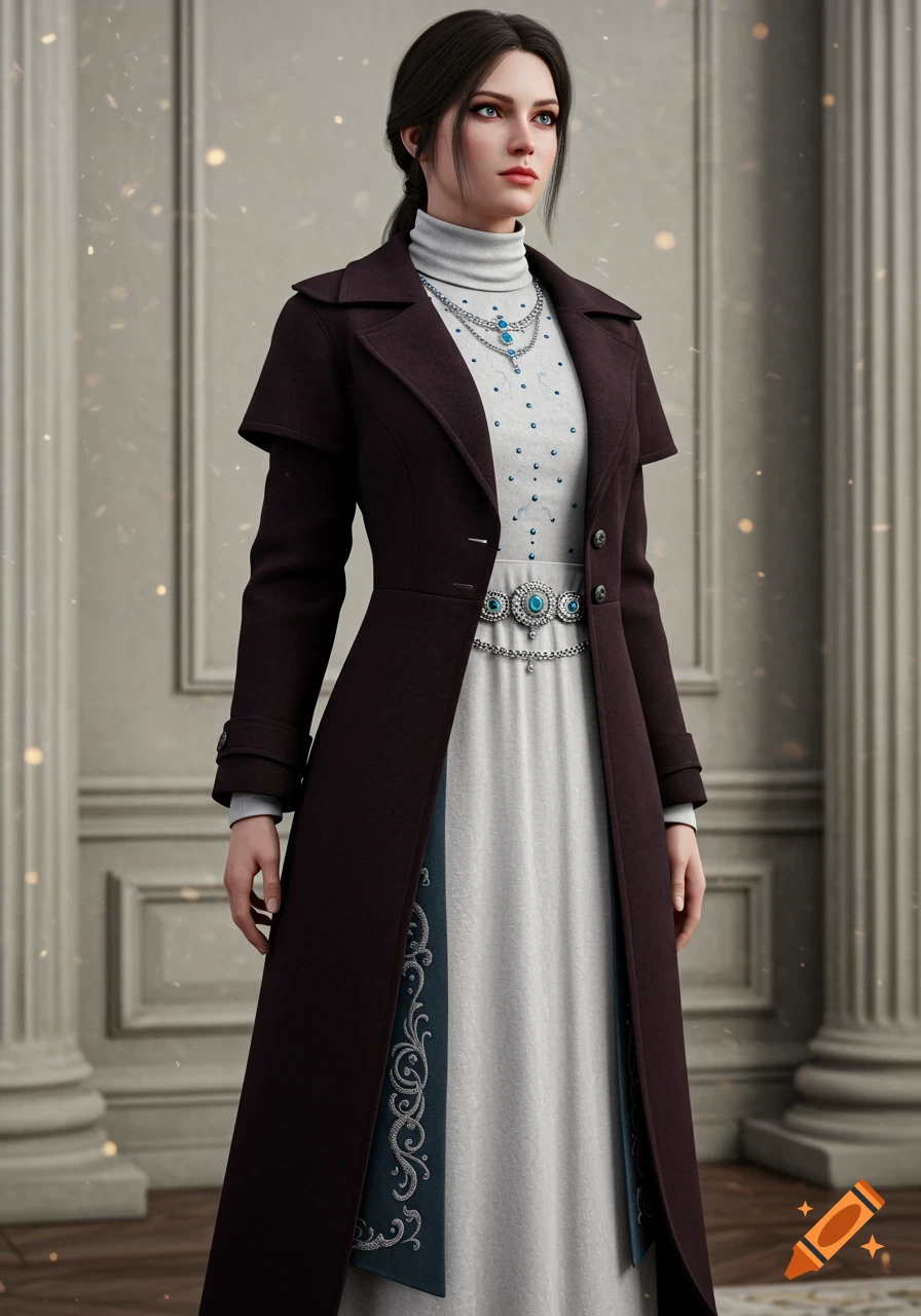 A beautiful woman in a long, dark coat over a white dress with a silver and turquoise belt stands against a neoclassical wall.