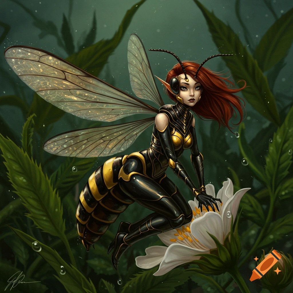A stylized fantasy wasp girl with red hair, antennae, and translucent wings, in a black and yellow suit, crouches on a white flower in a lush green environment.